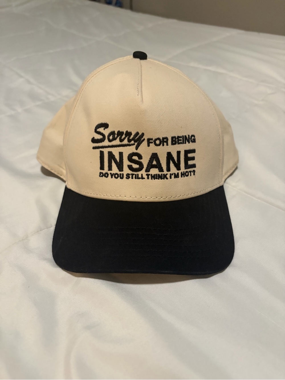 Beige and Black 'Sorry for Being Insane' Embroidered Baseball Cap